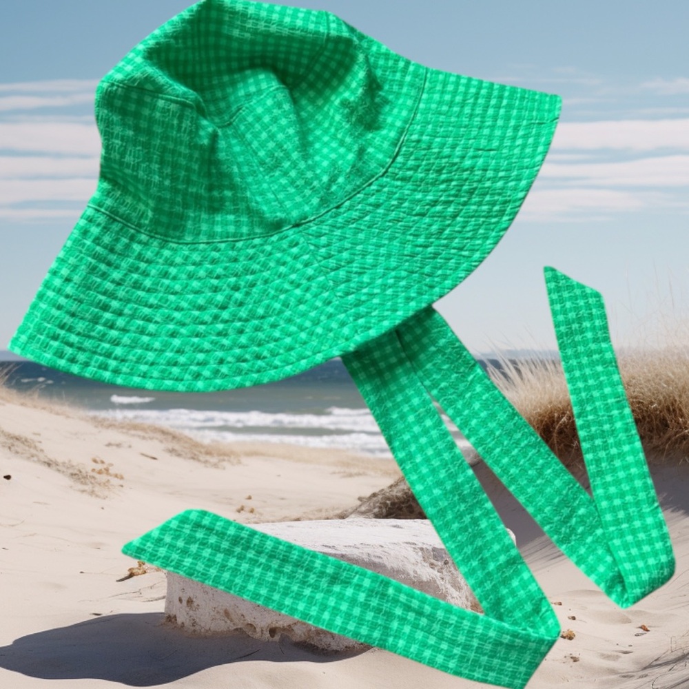 Free | Bright Green Checkered Sun Hat with Ties